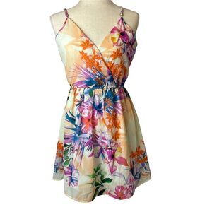 New Glory Floral Beige Spaghetti Strap V Neck Fit And Flare Mini Dress size M